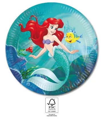 Prato de papel com desenho da Ariel, a sereia, e peixe em fundo azul subaquático