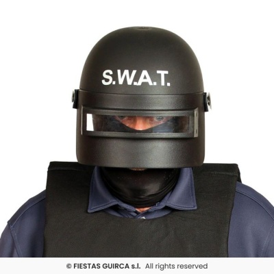 Capacete preto S.W.A.T. com viseira e colete preto