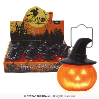 Castiçal de abóbora laranja com chapéu de bruxa preto para Halloween