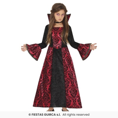 Vestido longo infantil vermelho e preto com padrão barroco para fantasia