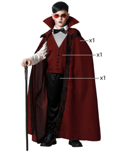 Fato de vampiro infantil com capa bordô, colete, gravata borboleta e bengala