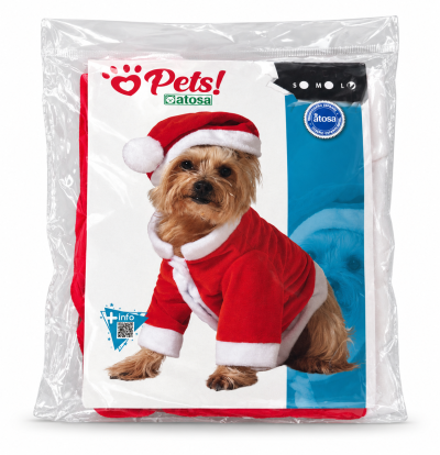 Roupa de cão vermelha e branca em embalagem plástica com etiqueta Pets! atosa