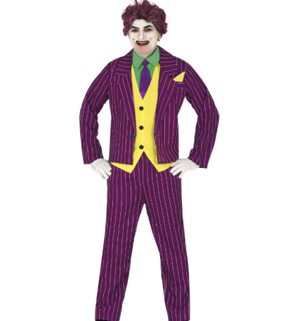 Homem vestido com fantasia roxa às riscas com colete amarelo, gravata roxa e maquilhagem de personagem.