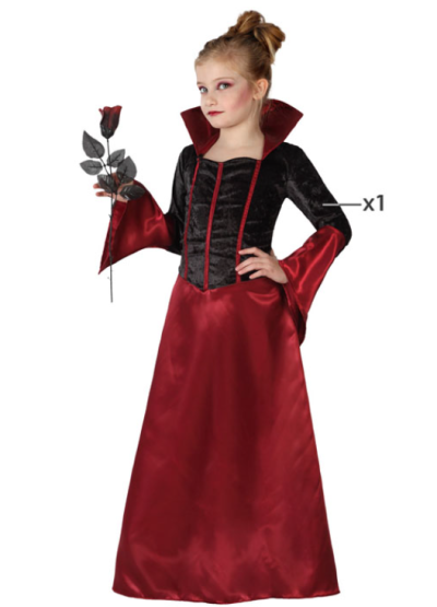 Vestido comprido vermelho e preto para criança com gola alta e mangas largas