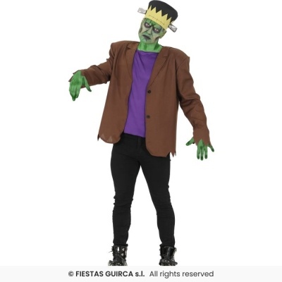 Figura com fato de monstro Frankenstein, pele verde e roupa castanha e roxa