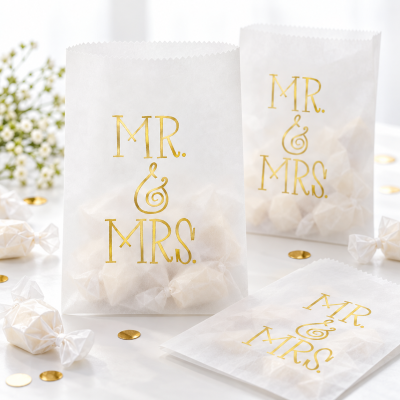 Sacos de papel branco com texto dourado MR. & MRS. e doces embrulhados
