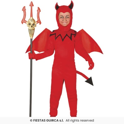 Criança com fato de diabinho vermelho, asas e tridente