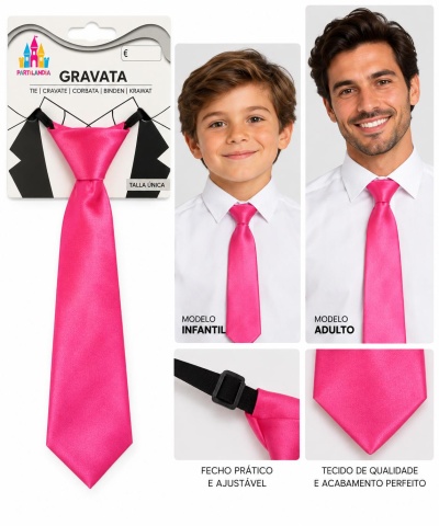 Gravata rosa fúcsia em embalagem e em uso por modelos infantil e adulto com fecho ajustável.