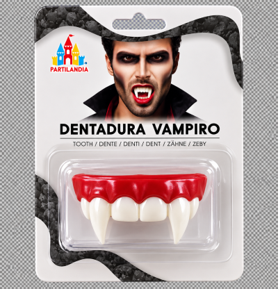 Dentadura vampiro com dentes brancos pontiagudos e gengiva vermelha em embalagem de blister