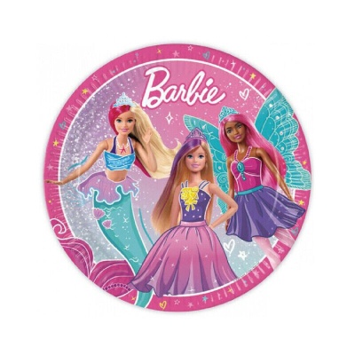 Prato redondo decorado com bonecas Barbie e texto Barbie