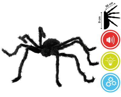 Aranha decorativa negra de pelúcia com medidas e ícones de funcionalidades
