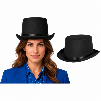 Chapéu de copa alta preto com fita preta em modelo e isolado em fundo branco