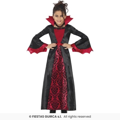 Vestido longo infantil preto e vermelho com padrão barroco e gola alta