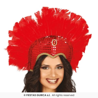 Tiara vermelha decorativa com lantejoulas e penas grandes para festas