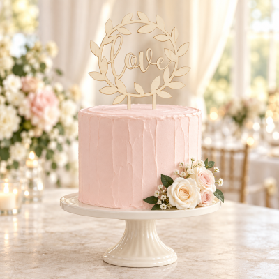 Bolo rosa com decoração floral e topo de bolo em madeira com a palavra love