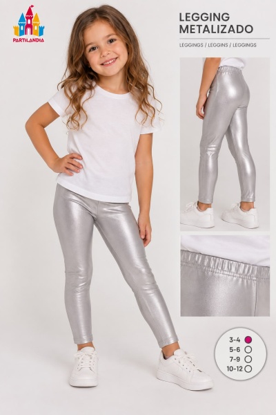 Menina com legging metálica prateada, t-shirt branca e ténis brancos.