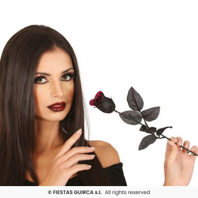 Mulher segurando rosa preta com pétalas vermelhas em fundo branco