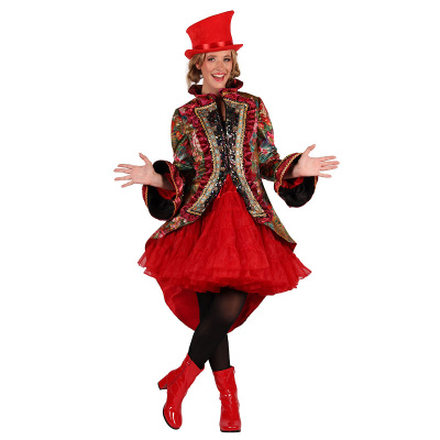 Fato de Carnaval feminino colorido e vermelho com casaco, saia rodada, botas e chapéu
