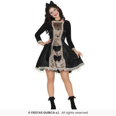 vestido vintage preto e bege com renda e laços, modelo com headband