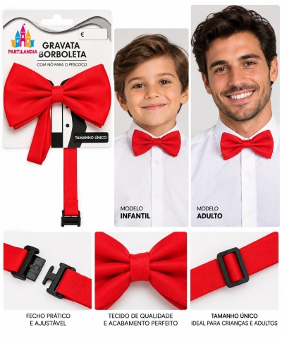 Gravata borboleta vermelha com nó para o pescoço em embalagem e modelos infantil e adulto a usar, com fecho ajustável.