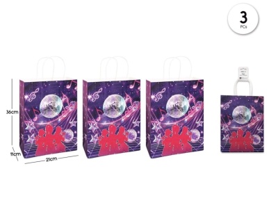 Três sacos de papel decorativos com padrão musical e silhuetas vermelhas