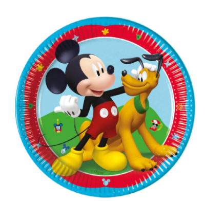 Prato descartável redondo com estampa do Mickey Mouse e Pluto
