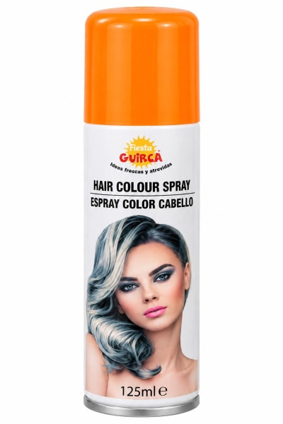 Frasco de spray para cor de cabelo com tampa laranja e imagem de mulher com cabelo cinza.