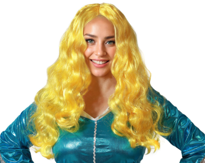Mulher com peruca longa e ondulada amarelo vibrante e blusa azul metálica