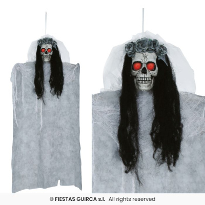 Decoração suspensa com caveira, cabelo preto e véu