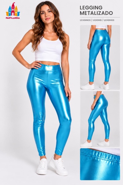Leggings metalizadas azuis brilhantes com top branco e ténis brancos