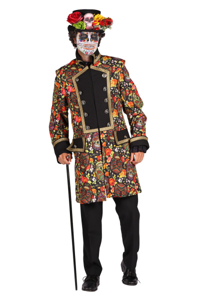 Traje colorido com estampado floral e caveiras, chapéu decorado com flores e crânio, bengala preta.