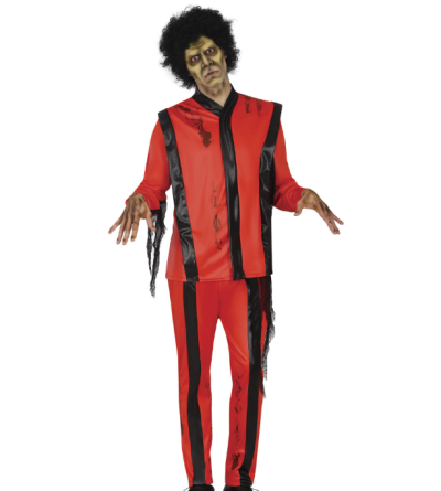 Homem com fato vermelho e preto de Halloween, maquilhagem e peruca preta