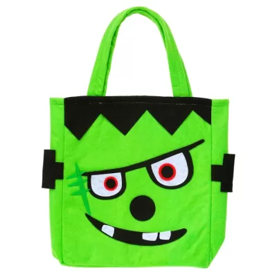 Saco verde de feltro com rosto de Frankenstein estilizado