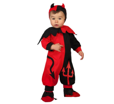 Fato de bebé de demónio vermelho e preto com capuz e detalhes de cauda e tridente