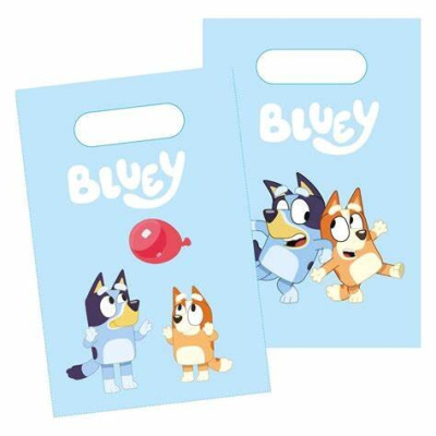 Sacolas plásticas azuis com personagens do desenho Bluey e texto BLUEY