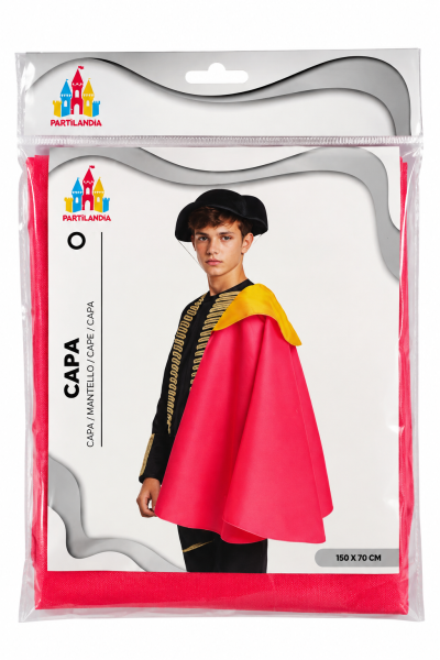 Capa vermelha com gola amarela para fantasia na embalagem com cartão e logotipo PARTILÂNDIA.