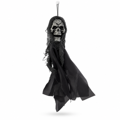 Decoração de caveira com capuz preto suspensa