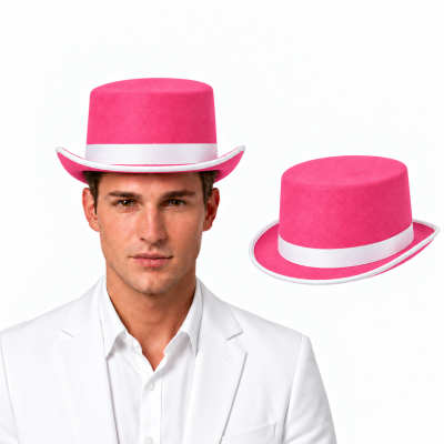 Chapéu cartola cor-de-rosa com faixa branca e aba branca, em tecido com padrão subtil.