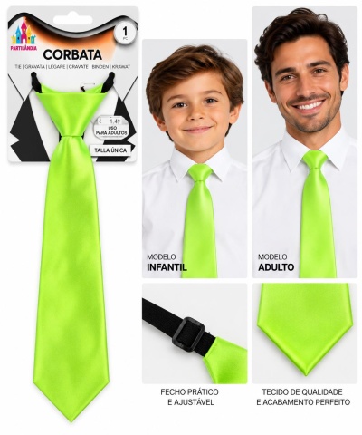 Gravata verde-limão com fecho ajustável em embalagem da Partylândia e modelos infantil e adulto a usar a gravata.