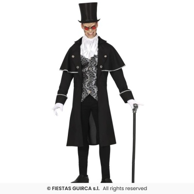 Fantasia masculina com casaco longo preto, colete cinza com padrão, camisa branca, luvas, cartola preta, óculos vermelhos e bengala preta.