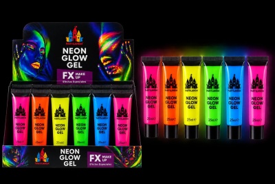 Conjunto de gel neon em tubos coloridos com embalagem preta e design de rosto pintado