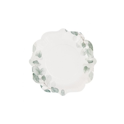 Prato de papel branco com padrão de folhas verdes nas bordas