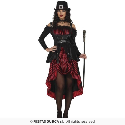 Mulher com fato de Halloween vermelho e preto com chapéu e bengala
