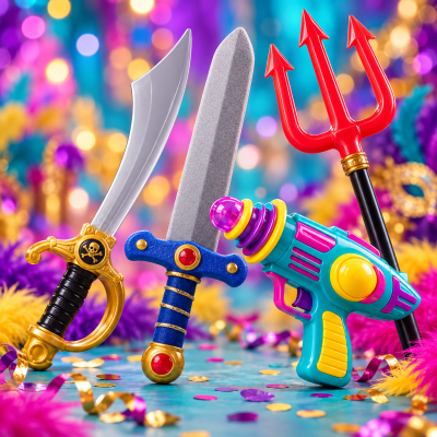Brinquedos temáticos para carnaval com espada, pistola e tridente em fundo colorido com confetes e penas.