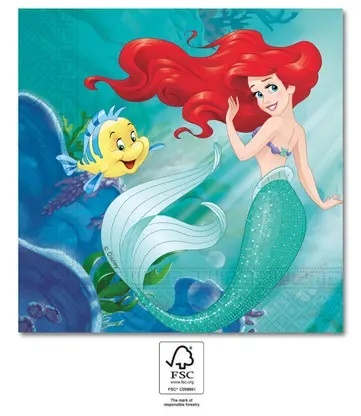 Ilustração da sereia Ariel e peixe em fundo subaquático com selo FSC