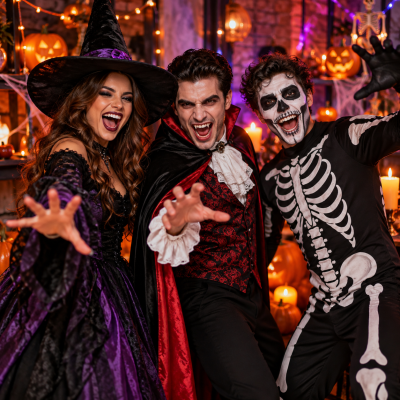 Três pessoas com fatos de Halloween: bruxa, vampiro e esqueleto, decoradas com abóboras iluminadas e velas.