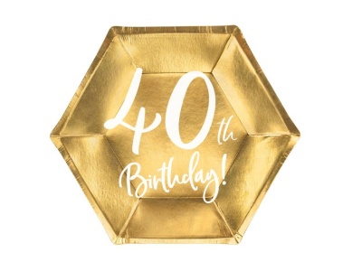 Prato hexagonal dourado com texto branco 40th Birthday