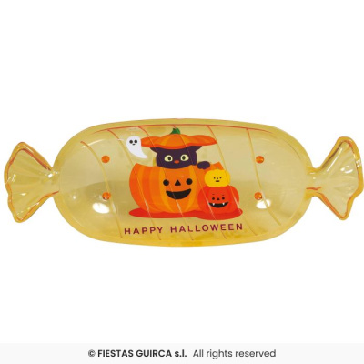 Prato plástico amarelo translúcido em forma de doce com ilustração de Halloween