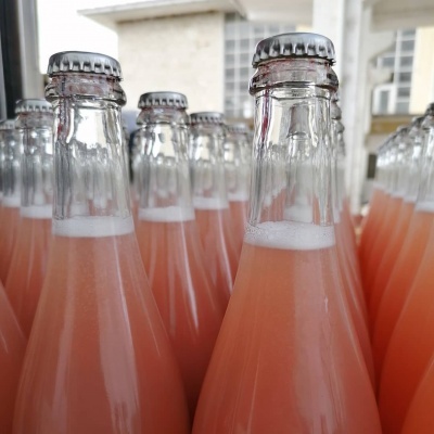 Garrafas de vidro com líquido rosa e tampas metálicas, arranjadas em fila