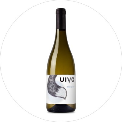 Garrafa de vinho branco UIVO Rabigato com rótulo branco e rabo desenhado
